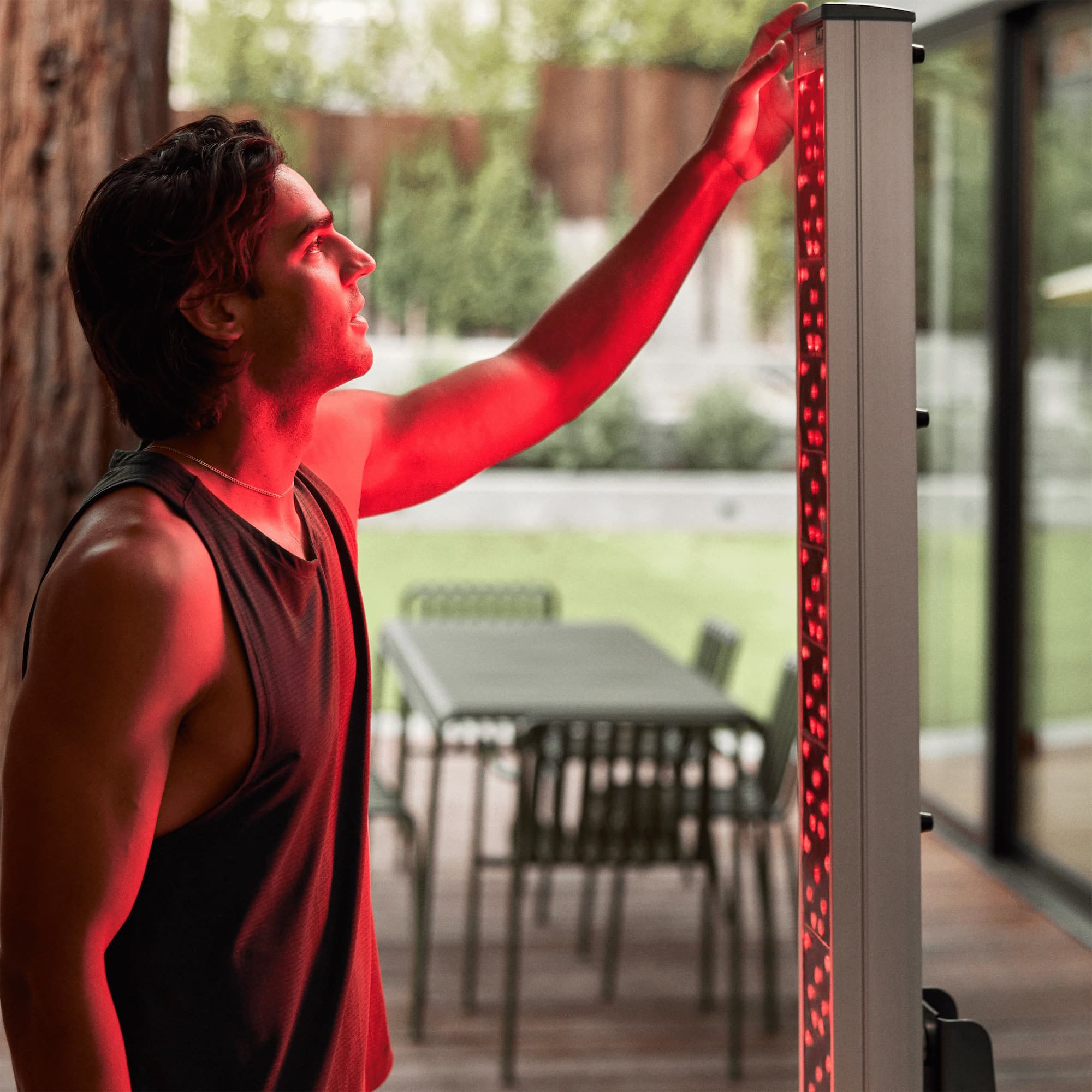Red light therapy tower in use